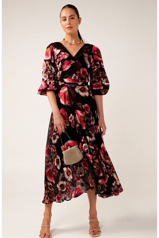 Regina Wrap Dress - Black Pink Peony