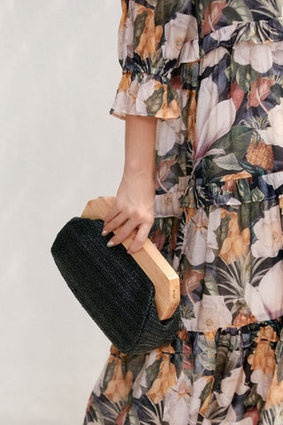 Renata Pleat Timber Frame Clutch - Black