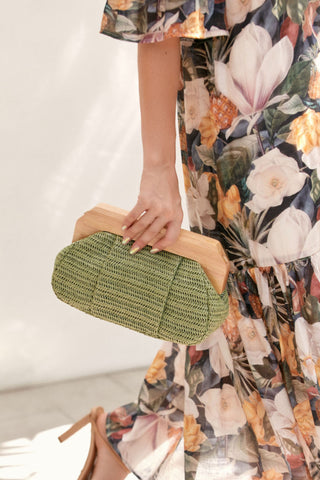 Renata Pleat Timber Frame Clutch - Green