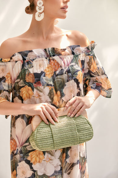 Renata Pleat Timber Frame Clutch - Green