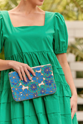 Retro Vibe Flower Zip Top Clutch - Blue