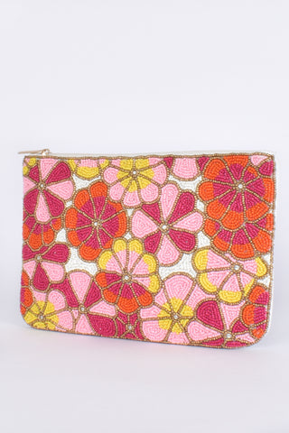 Retro Vibe Flower Zip Top Clutch - Pink
