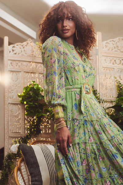 Rhea Pleated Midi Dress - Pear Green