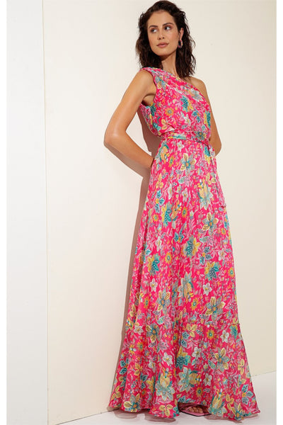 Rosewater Lemonade Removable Cape Maxi Dress - Hot Pink Floral