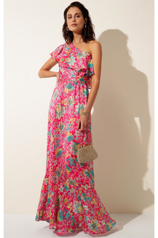 Rosewater Lemonade Removable Cape Maxi Dress - Hot Pink Floral