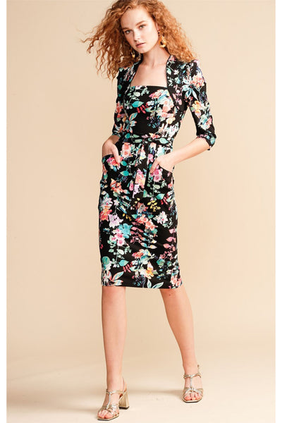 Beatrice Fitted Mid Dress - Black Floral