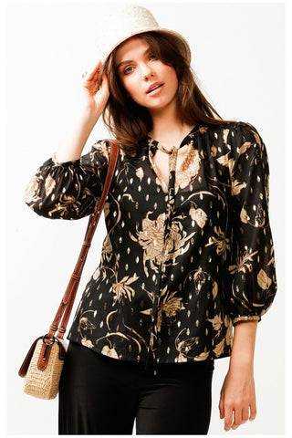 Breakfast Creek 3/4 Sleeve Loose Blouse - Black Gold