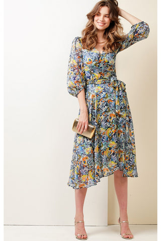 Customs House Wrap Midi - Blue Yellow Floral Lurex