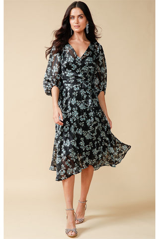 Daphne Wrap Midi Dress - Black Aqua Floral