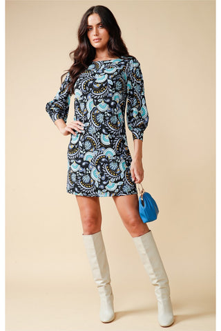 Delphine Boat Neck Shift Dress - Black Aqua Deco