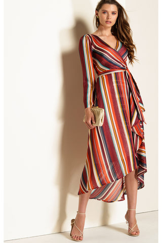 Goma Long Sleeve Wrap Midi - Multi Lurex Stripe