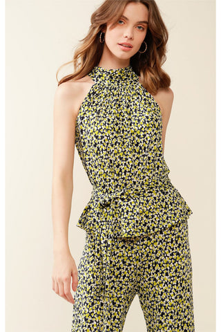 Highgate Hill High Neck Tie Top - Navy Lime Floral