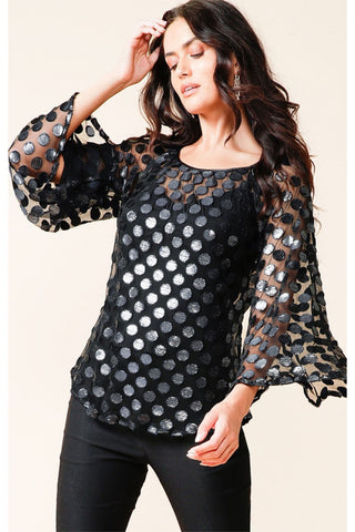Lyrical Loose Fit Scoop Neck Blouse - Navy Metallic Spot