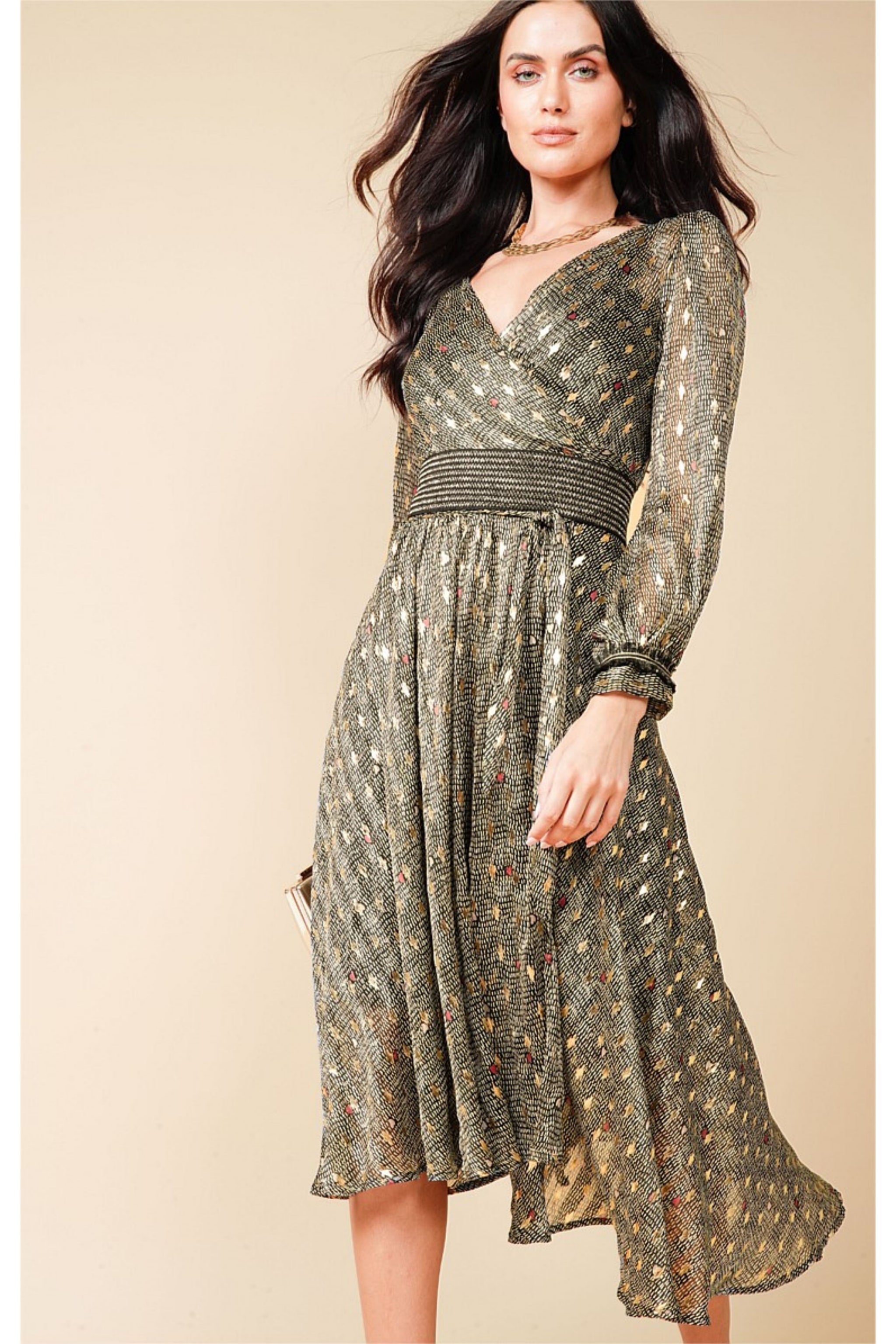 SACHA DRAKE Melanie Midi Wrap Dress Gold Diamond Heart Smoke Mirrors Boutique