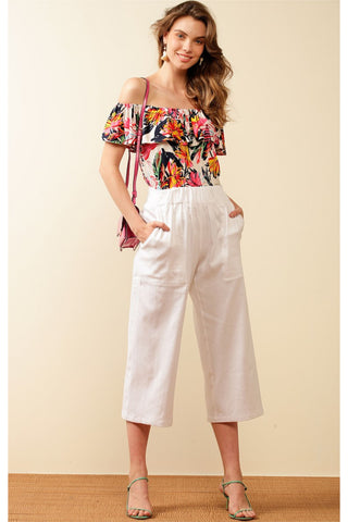 Northcliffe Off The Shoulder Frill Top - Pink Abstract Print