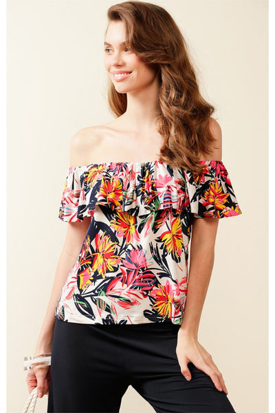 Northcliffe Off The Shoulder Frill Top - Pink Abstract Print
