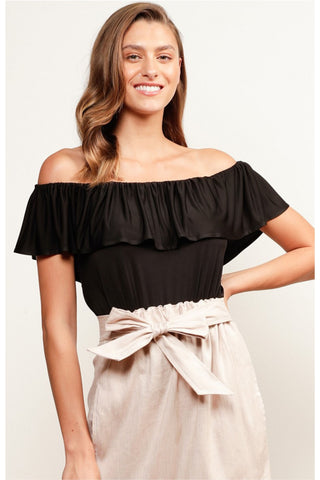 Off the Shoulder Frill Jersey Top - Black