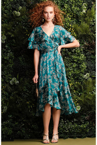 Seudoux Wrap Dress - Turquoise White Flower