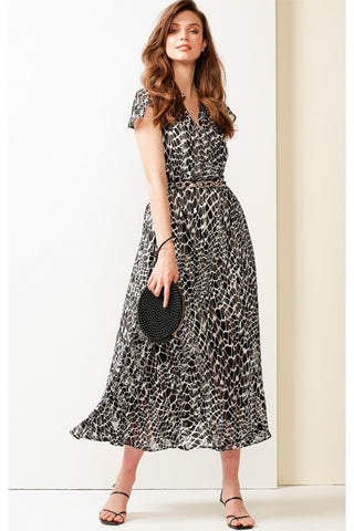 Southbank Cap Sleeve Midi Dress - Black and White Animal