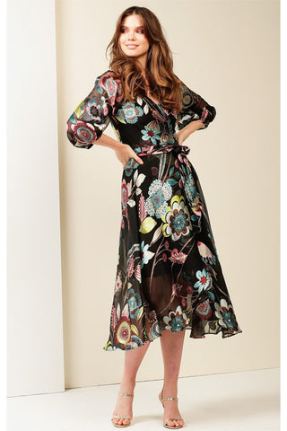 Sarah Silk Wrap Dress - Black Floral