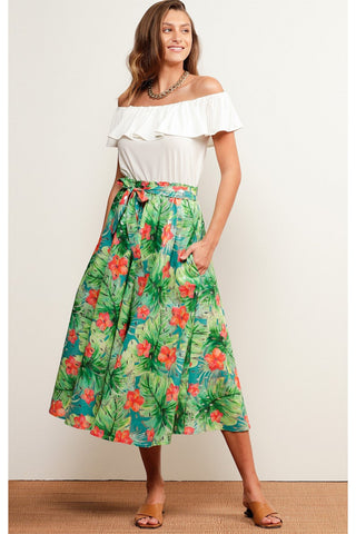 Sunshine Beach A-Line Midi Skirt - Hibiscus Silver Foil
