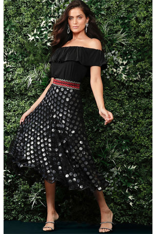 Valetta Elasticated Waist Midi Skirt - Navy Metallic Spot