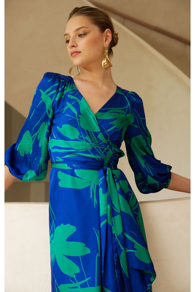 Sapphire Chrysanthemum Wrap Dress - Sapphire Jade Abstract