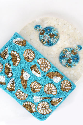 Sea Shells Flap Over Clutch - Aqua