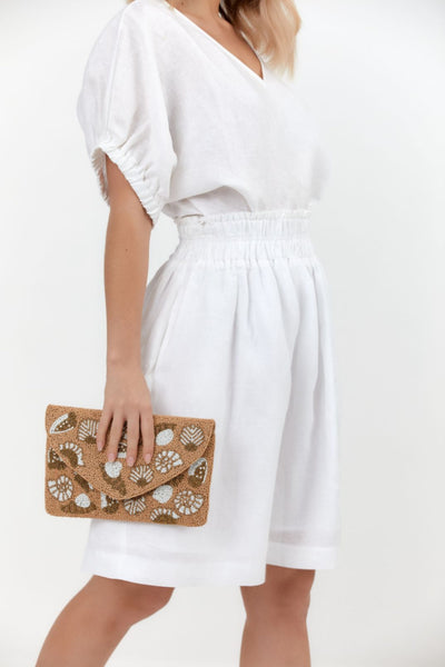 Sea Shells Flap Over Clutch - Camel