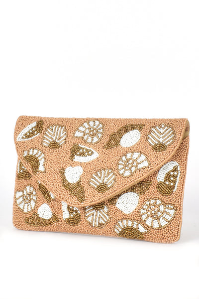 Sea Shells Flap Over Clutch - Camel