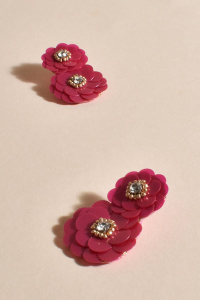 Sequin Floral Drop Earrings - Fuchsia
