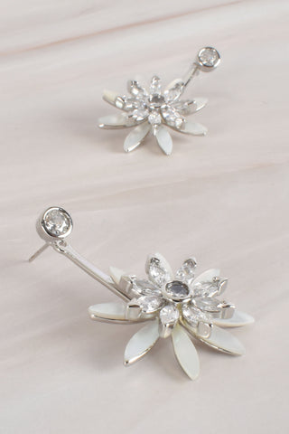 Shell Cubic Zirconia Event Floral Earrings - Silver