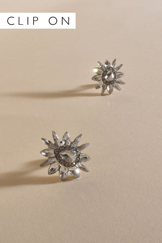 Spiked Floral Jewel Clip On Earrings - Silver Crystal