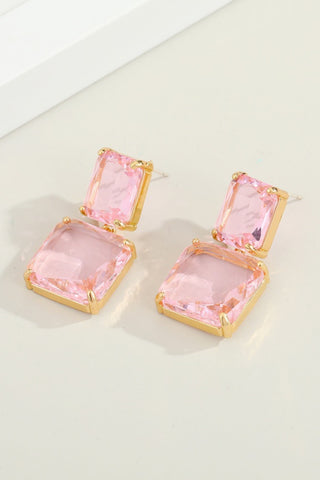 Square Faceted Crystal Drop Earring - Pink
