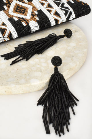 Statement Layered Tassel Earrings - Black