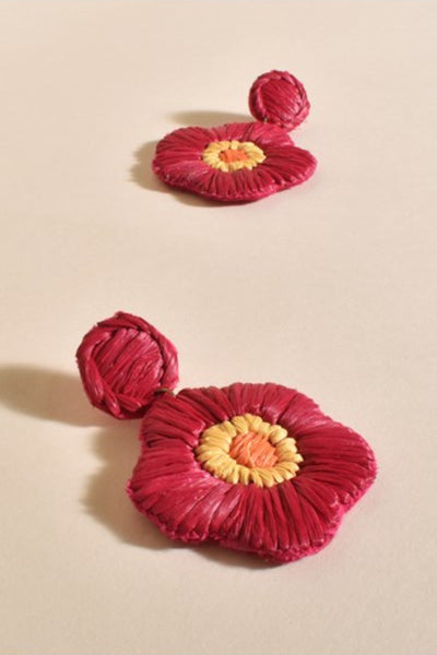 Stitched Flower Drop Earrings - Hot Pink