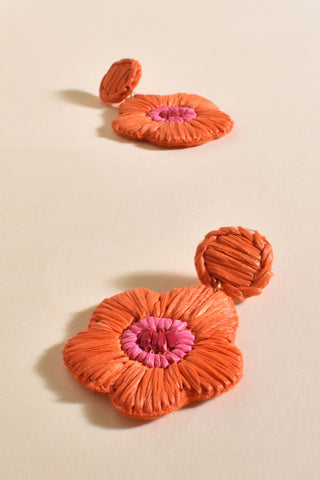 Stitched Flower Drop Earrings - Orange
