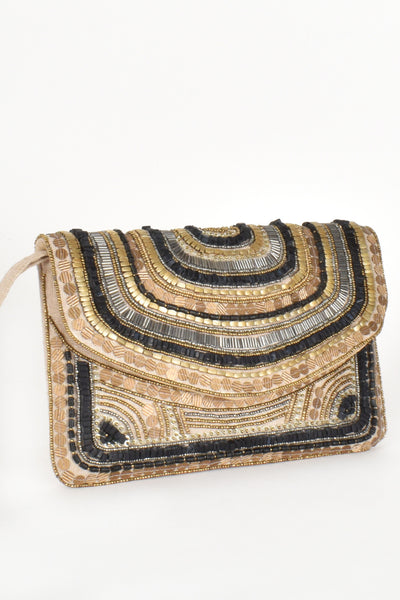 Stone Bead Detail Flap Over Clutch - Black Natural