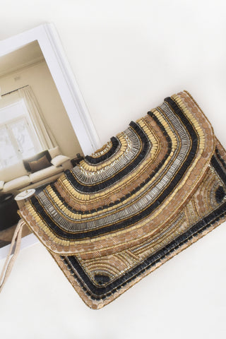 Stone Bead Detail Flap Over Clutch - Black Natural