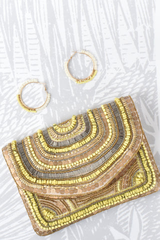 Stone Bead Detail Flap Over Clutch - Yellow Natural