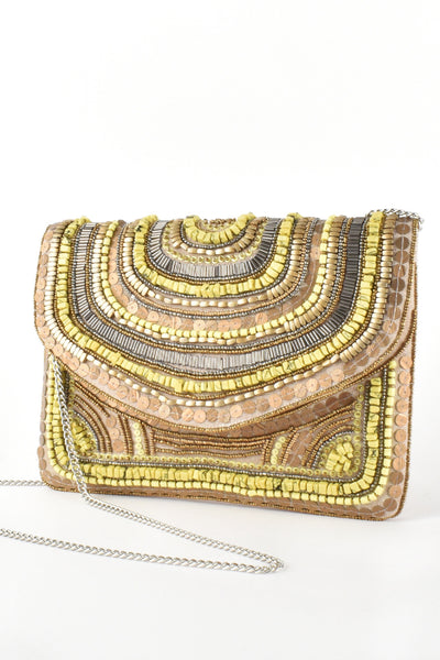 Stone Bead Detail Flap Over Clutch - Yellow Natural
