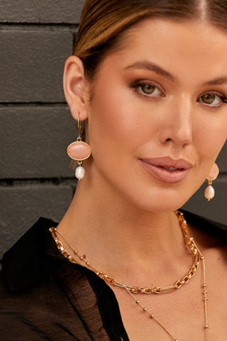 Stone Pearl Mix Hook Earrings - Pink Gold