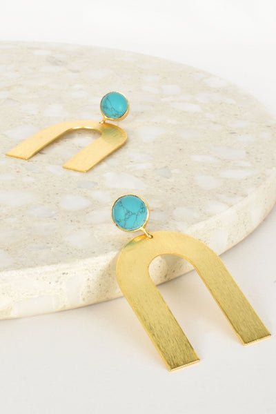 Stone Top Arch Statement Earrings - Turquoise Gold