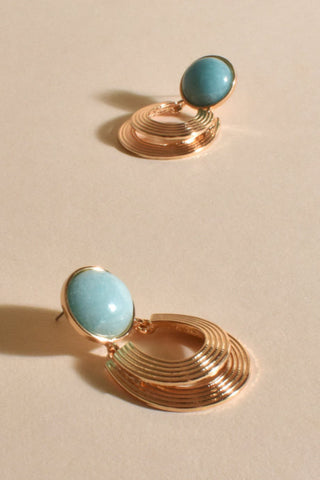 Stone Top Curved Metal Event Earrings - Mint Gold
