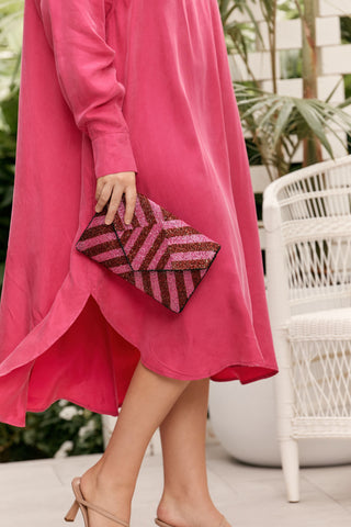 Striped Beaded Flap Over Clutch - Raspberry