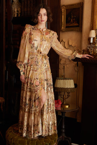 Tana Pleated Shirt Dress - Gold Lurex