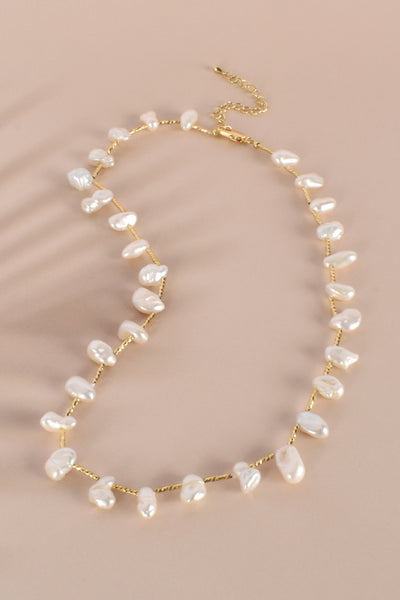 Textured Rod Natural Pearl Short Necklace - Gold