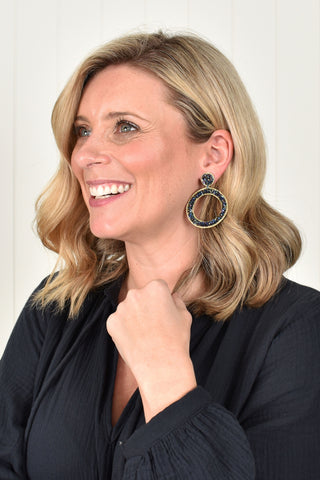 Thin Bead Ring Drop Earring - Peacock Navy