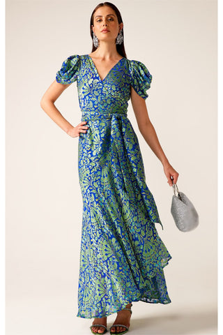 Twilight Shimmer Maxi Wrap Dress - Sapphire Chartreuse