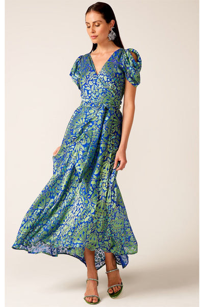 Twilight Shimmer Maxi Wrap Dress - Sapphire Chartreuse